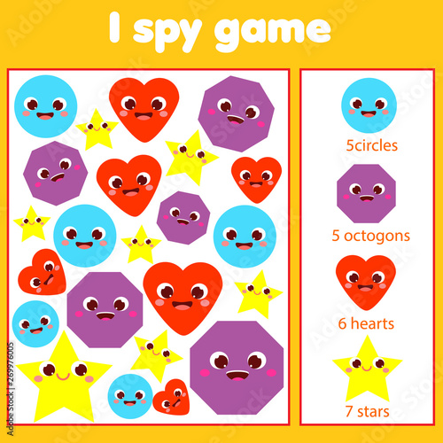 I spy game for toddlers. Find and count objects. Educational activity for children. Learning geometric shapes