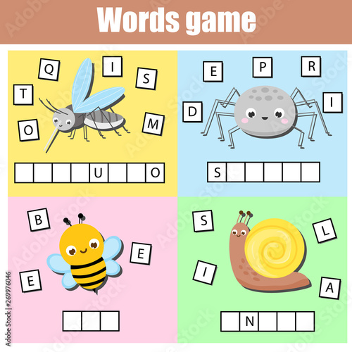 Insects Write missing letters and complete words. Crossword for kids and toddlers. Educational children game.