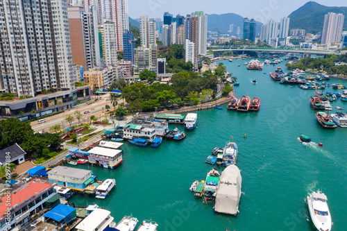 Top view of Hong Kong fishing harbor port © leungchopan