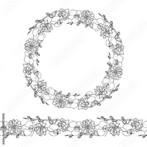 Hand drawn doodle style succulent and orchid flowers .wreath and seamless brush