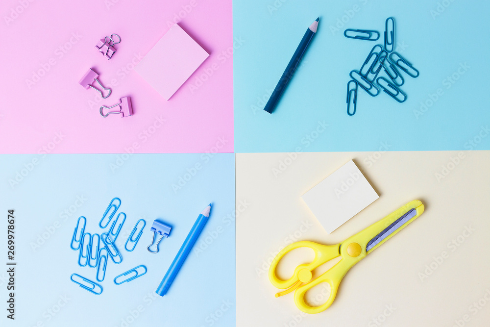 Stationery on blue and yellow background. Back to school concept. Stationery on blue and yellow background. Back to school concept.