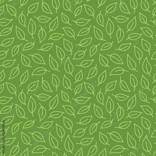 Leaf background. Green seamless pattern with leaves in minimal line doodle style. Decorative repeat package backdrop