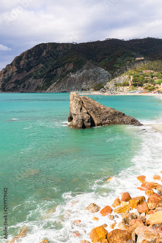 View on water and rocks  sundy beach  landscape  Cinque Terre  Italy