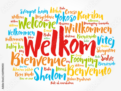 Welkom (Welcome in Afrikaans) word cloud in different languages, conceptual background
