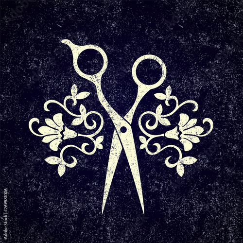 Beauty salon logo. Vector scissors with shadow. Fashion studio logotype. Hairdresser icon.