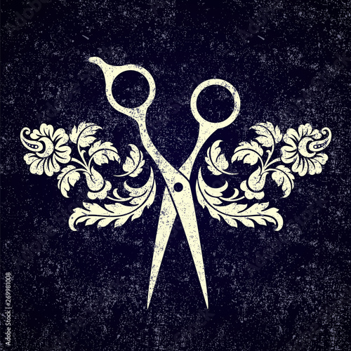 Beauty salon logo. Vector scissors with shadow. Fashion studio logotype. Hairdresser icon.