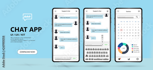 Mobile chat app UI,UX, Kit concept. Mockup vector messenger in minimalist style. Social network, support chat, messenger concept. Mobile application chat, Short message service bubbles, flat interface