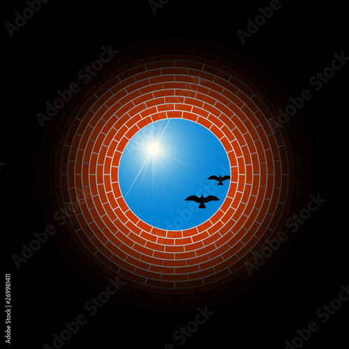 View from the bottom of the well color vector illustration.