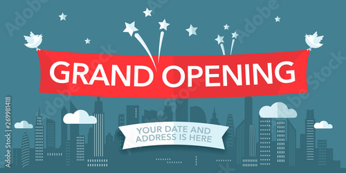 Grand opening vector banner, illustration. Template design element with city line