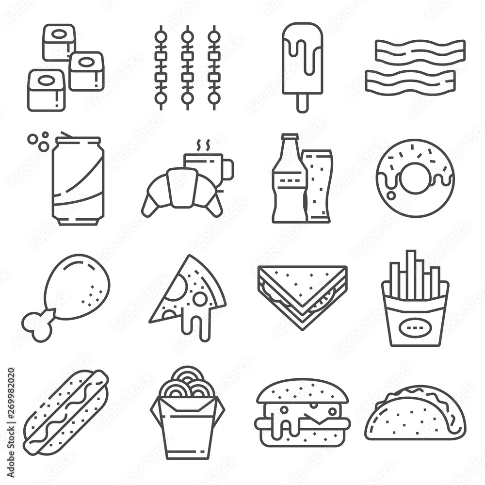 Fototapeta premium Set of Fast Food Vector Line Icons. Contains such Icons as Pizza, Tacos