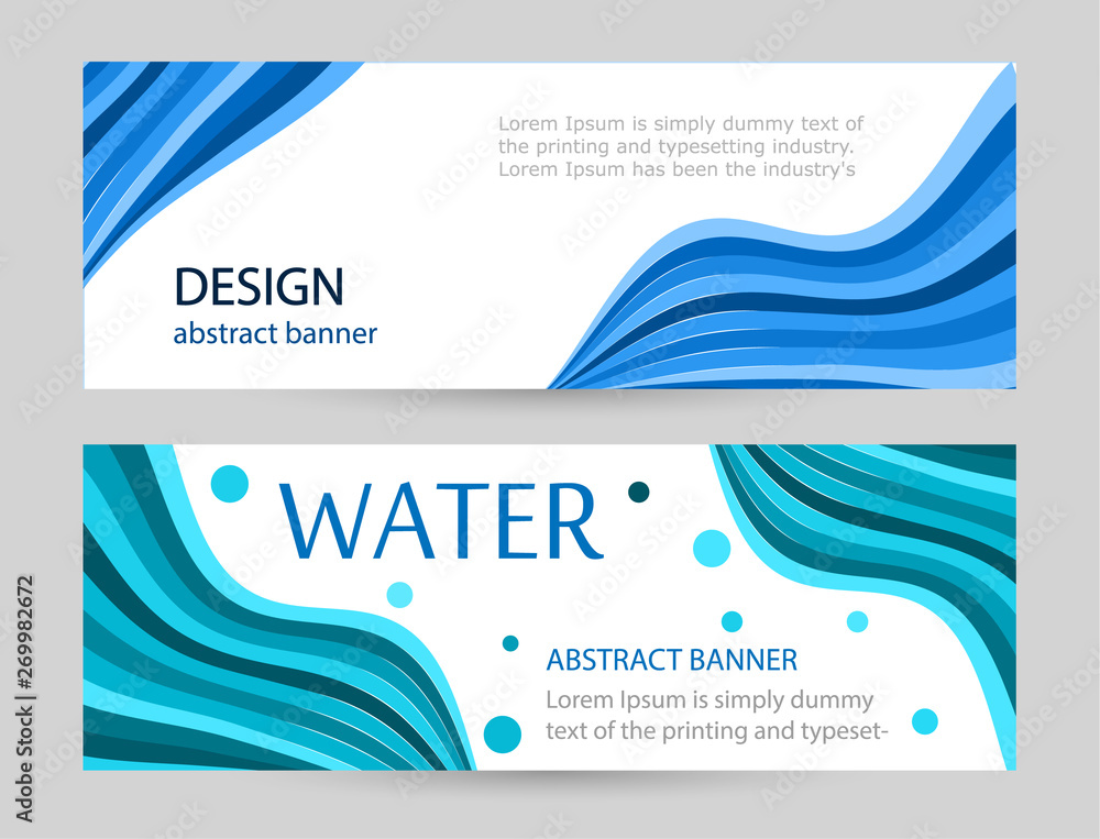 Fototapeta premium Set Bright banners with blue wave line on white background. Abstract vector horizontal layout color line. 