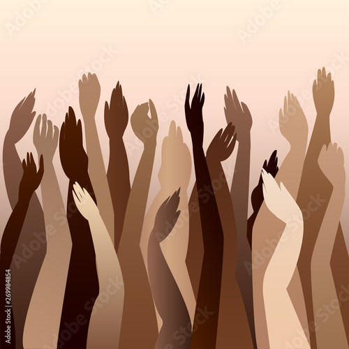 Multiracial Colorful Peoples Hands Raised to vote