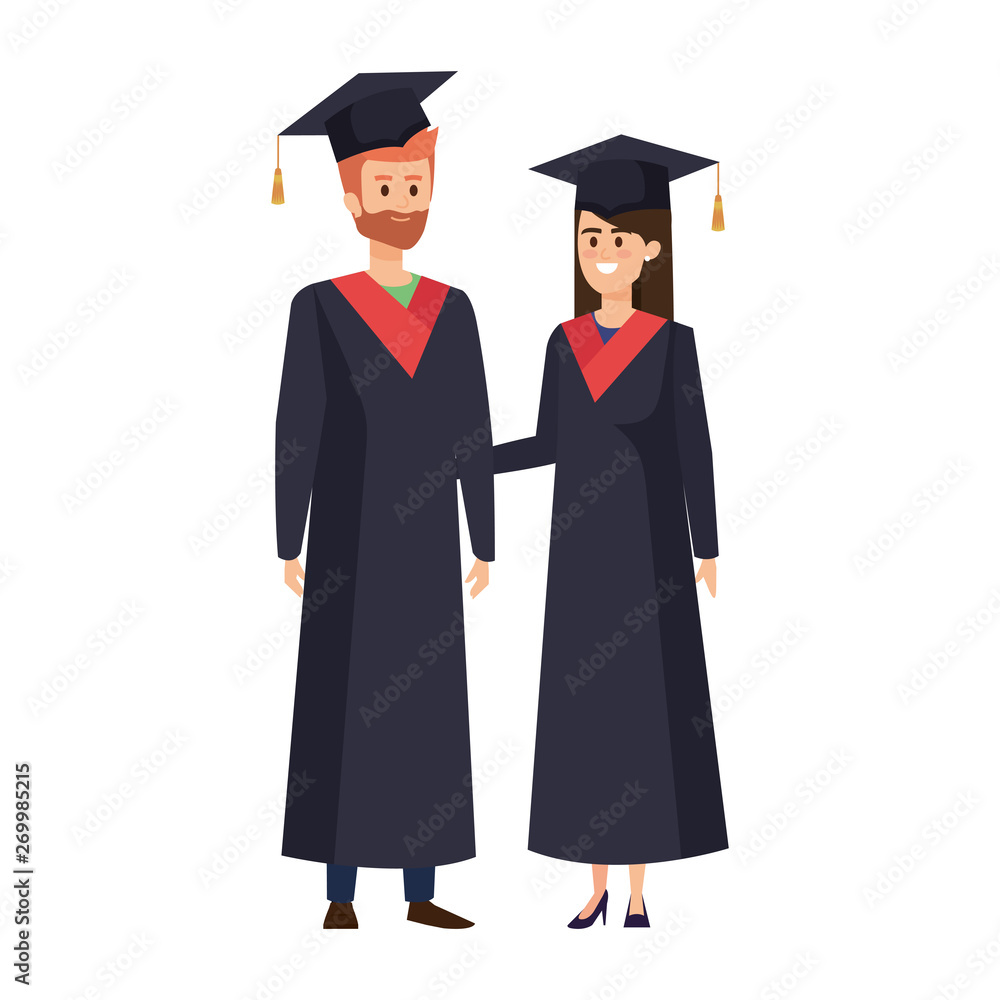 young couple students graduated characters young couple students graduated characters