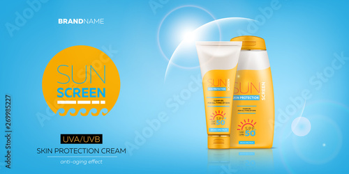 Sunscreen cream advertising banner with realistic 3d tube and bottle with gel or cream for skin protection and UVA/UVB rays blocking. Ready for branding and packaging design. High quality vector