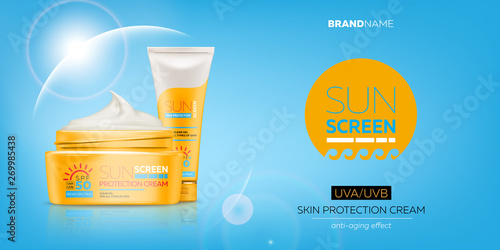 Sunscreen cream advertising banner with realistic 3d tube and jar with gel or cream for skin protection and UVA/UVB rays blocking. Ready for branding and packaging design. High quality vector