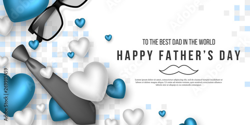 Fathers day greeting banner. 3d realistic tie, hearts, glasses and checkered pattern. Holiday background. Vector illustration.