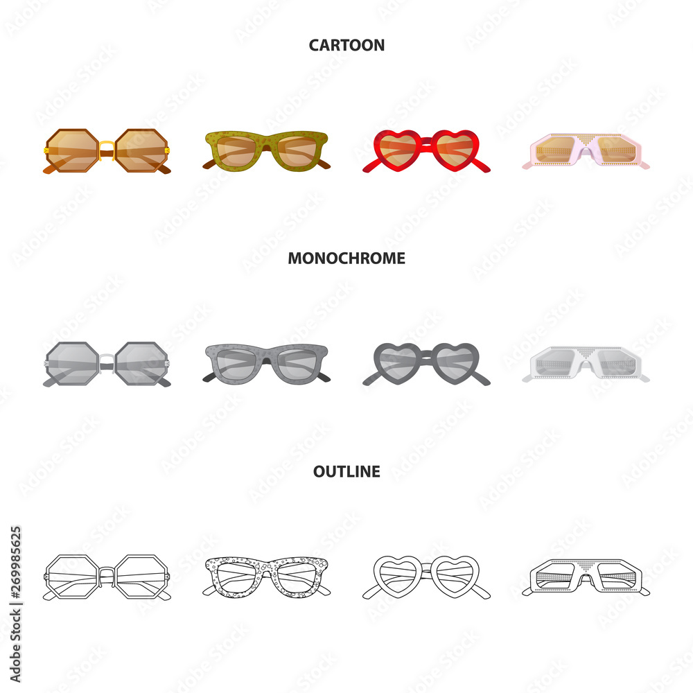 Vector illustration of glasses and sunglasses sign. Set of glasses and accessory stock vector illustration. Vector illustration of glasses and sunglasses sign. Set of glasses and accessory stock vector illustration.