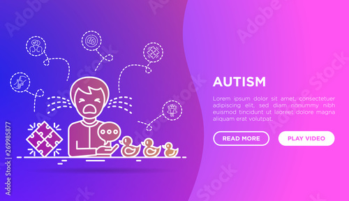 Autism symptoms and adaptive skills: child is crying in hysterics. Web page template with thin line icons: repetitive behavior, stereotypy, autoaggression, social interaction. Vector illustration. photo