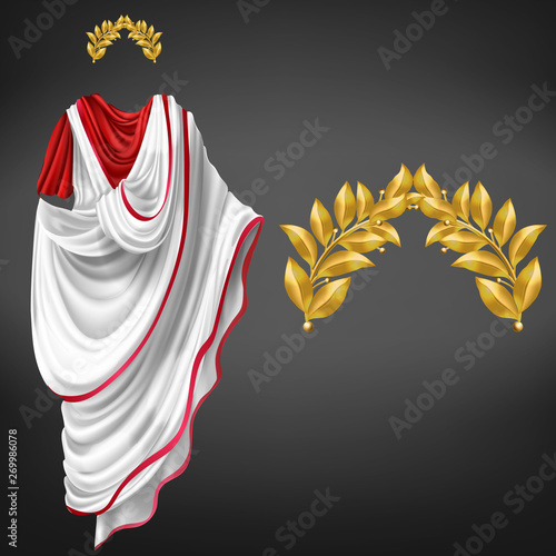Ancient white toga on red tunic and golden laurel wreath 3d realistic vector isolated on black background. Roman empire emperor, glorious republic citizen, famous philosopher clothing, triumph symbol photo