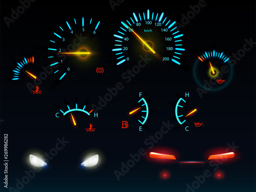 Modern car dashboard indicators glowing in darkness blue and orange light scales and arrows, automobile front and back headlights realistic vector illustrations set isolated on black background