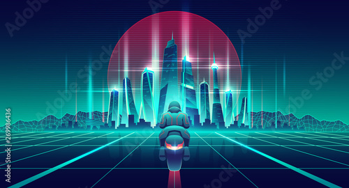 Motorcycle racing in future city cartoon vector concept. Motorcyclist on bike riding on glossy surface with glowing neon grid to futuristic architecture skyscrapers buildings on horizon illustration