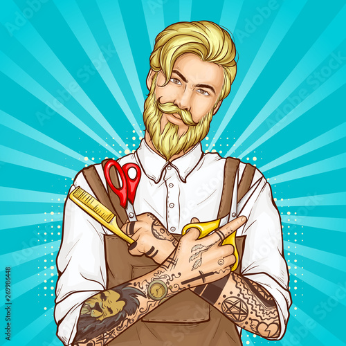 Barbershop professional hairdresser pop art vector. Half-length portrait of stylish, blond, bearded hipster man wearing apron on white shirt, holding scissors and comb in tattooed hands illustration