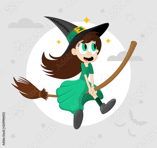 Cute funny little witch flying on a broomstick. Halloween cartoon vector illustration. Element for design, prints and greeting cards. 