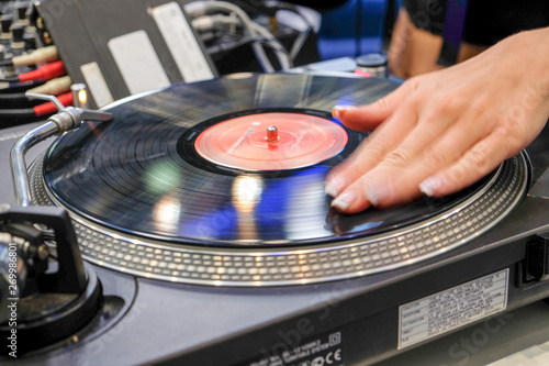 dj scratching vinyl record Close-up