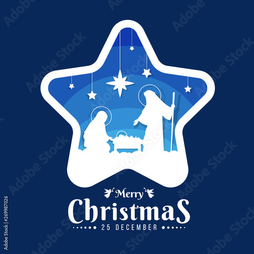Merry Christmas banner sign with Nightly christmas scenery mary and joseph in a manger with baby Jesuson in star frame on blue background vector design