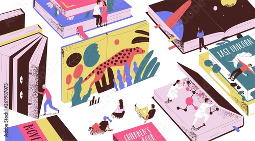 Cute tiny people reading fairytales, science fiction, giant textbooks. Concept of book world, readers at library, literature lovers or fans. Colorful vector illustration in modern flat cartoon style.