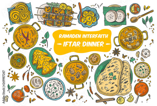 Drawing of top view Iftar dinner on the table, Vector