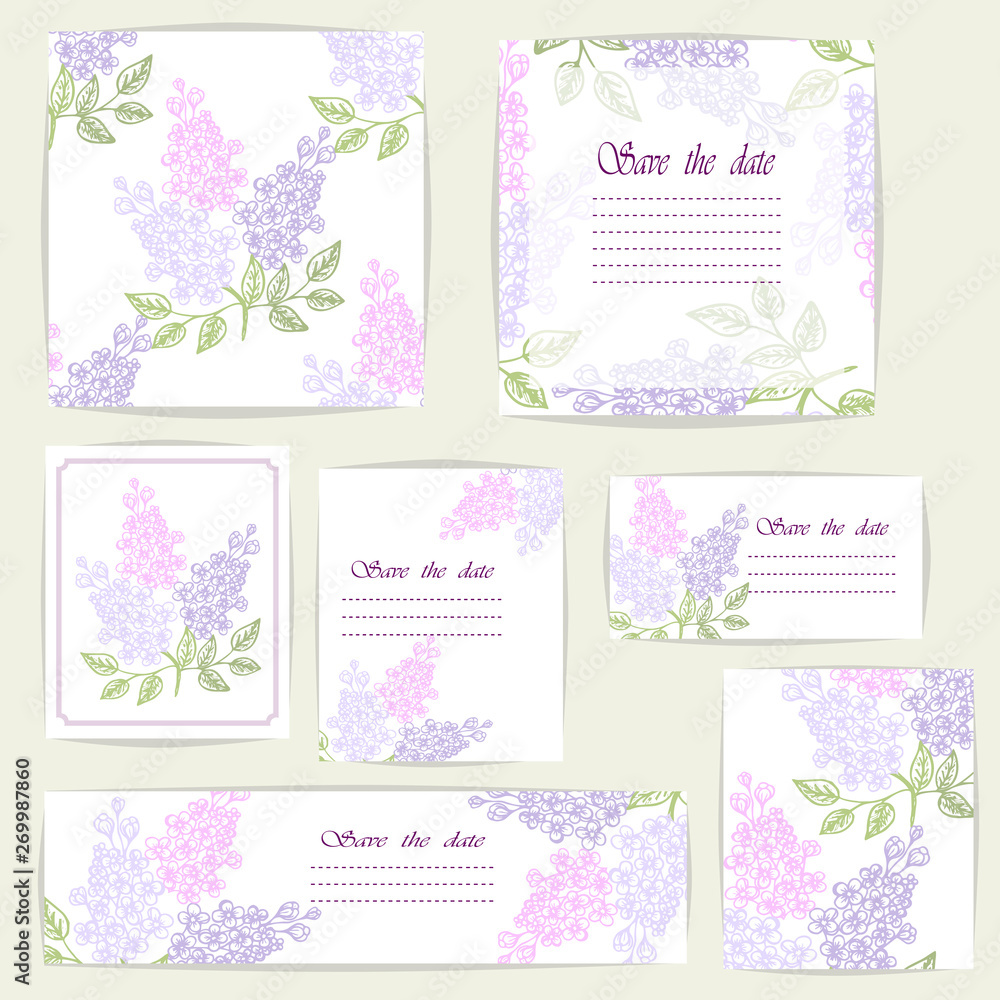 Set beautiful cards and seamless pattern with Lilac flowers, design elements. Can be used for birthday, Valentines Day, Mothers Day , wedding cards, invitations, greetings. Vector illustration. EPS 10