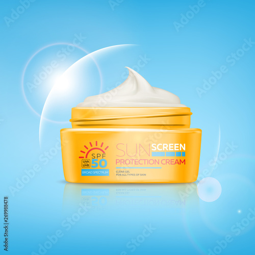 Sunscreen cream realistic 3d jar with gel or cream for skin protection and UVA/UVB rays blocking. Ready for branding, packaging and advertising design. High quality realistic vector.