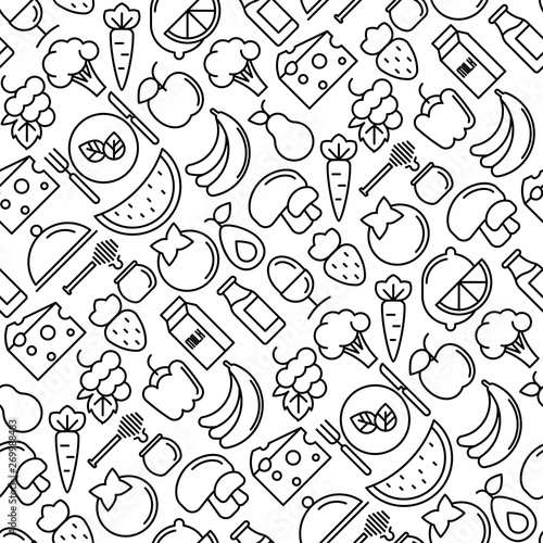 Organic food seamless pattern with thin line icons of fresh natural products, vegetarian groceries. Vector illustration for web site about healthy nutrition.