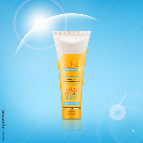 Sunscreen cream realistic 3d tube with gel or cream for skin protection and UVA/UVB rays blocking. Ready for branding, packaging and advertising design. High quality realistic vector.