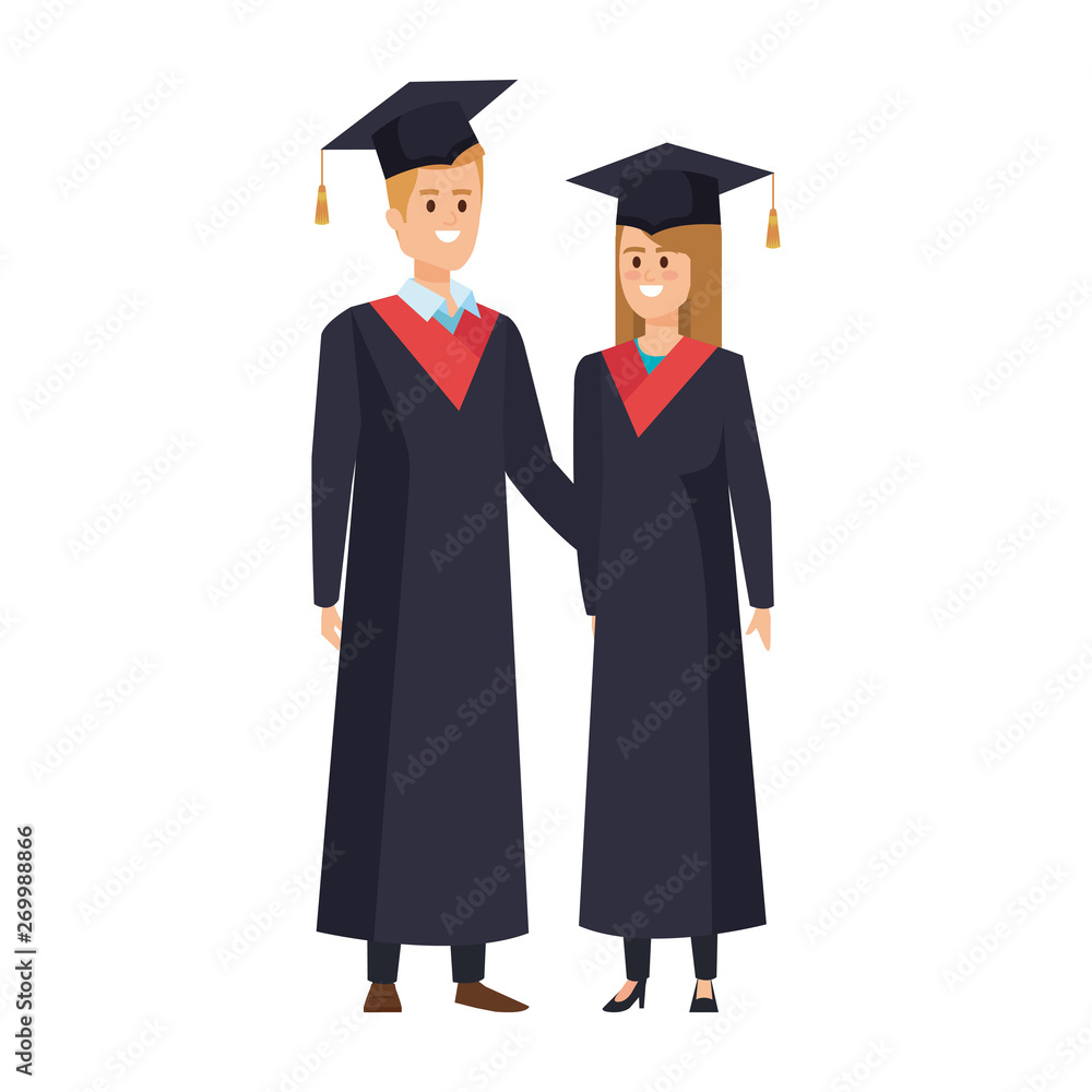 young couple students graduated characters young couple students graduated characters