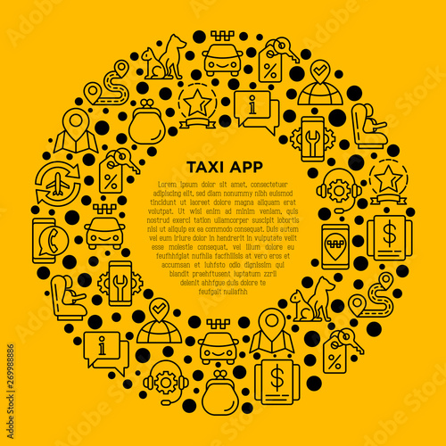 Taxi app concept in circle with thin line icons: payment method, promocode, app settings, info, support service, location, pointer, airport transfer, baby seat. Vector illustration for print media.
