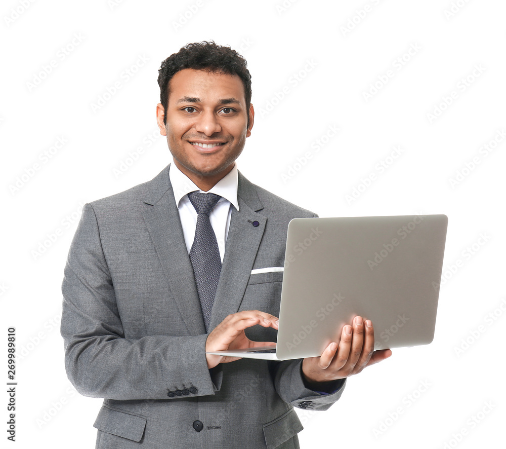 Portrait of handsome businessman with laptop on white background Portrait of handsome businessman with laptop on white background