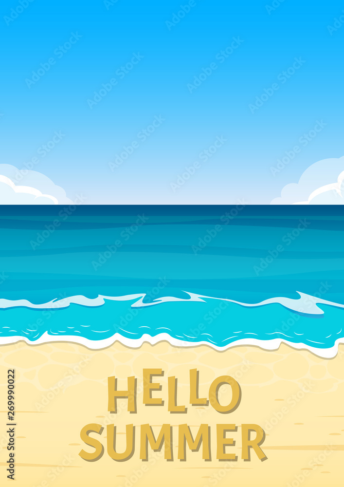 Hello summer banner with sea or ocean and sandy beach. Travel and vacation background template. Vector illustration.