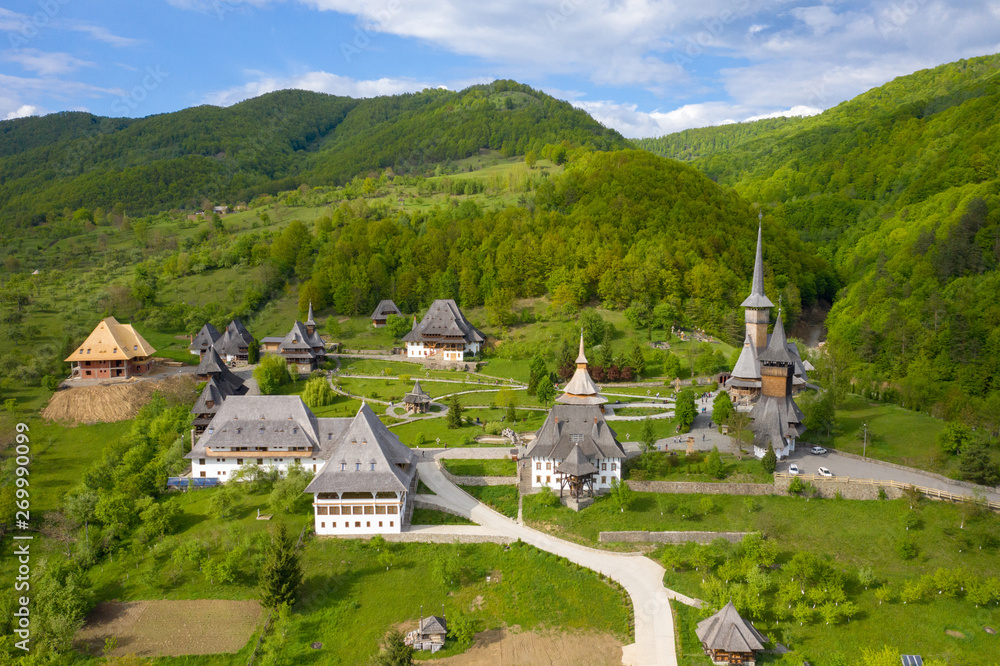 Maramures, Romania. Wooden church of Barsana monastery, Transylvania landmark.