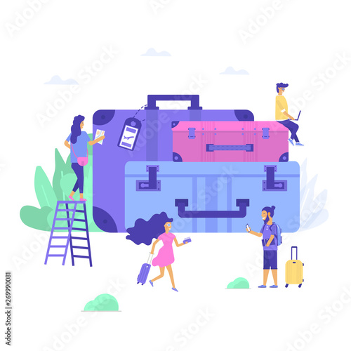Set of baggage, laggage and young cute people ready for adventure. Travel and tourism concept for website