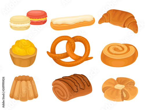 Set of images of various bakery products. Vector illustration on white background.