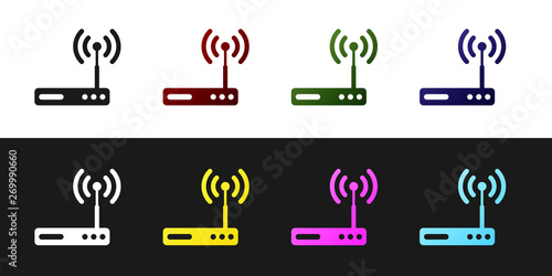 Set Router and wi-fi signal symbol icon isolated on black and white background. Wireless ethernet modem router. Computer technology internet. Vector Illustration
