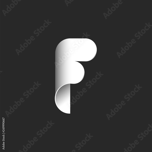 Creative capital F letter logo, white rolled paper sheet stylish material design
