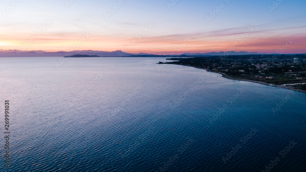 Fototapeta premium Aerial drone view of Sardinia bay at sunset