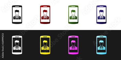 Set Smartphone with contact on screen icon isolated on black and white background. Incoming call. Human on phone screen. Call contact. Vector Illustration