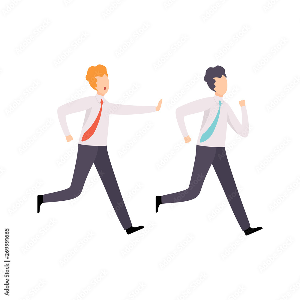 Businessman Catching Up Running Colleague, Business Competition, Rivalry Between Office Workers Vector Illustration