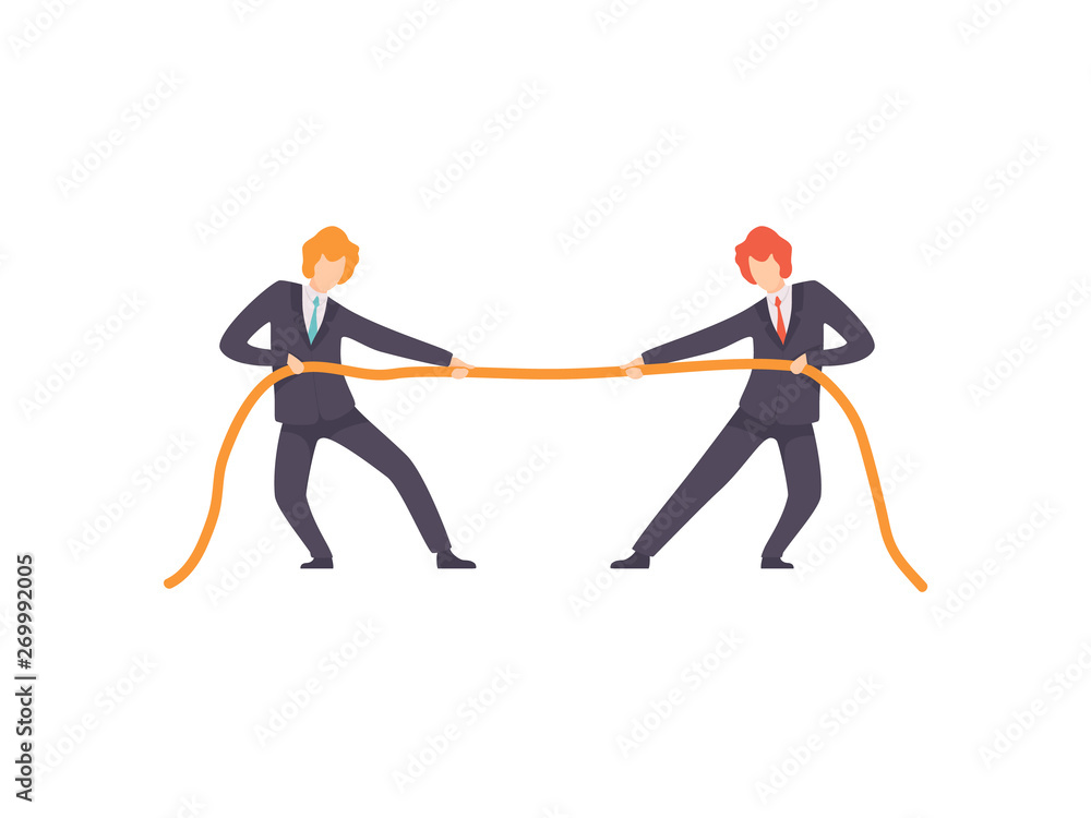 Two Businessmen Pulling Opposite Ends of Rope, Business Competition, Rivalry Between Colleagues, Office Workers Challenging Vector Illustration