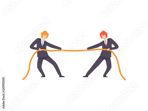 Two Businessmen Pulling Opposite Ends of Rope, Business Competition, Rivalry Between Colleagues, Office Workers Challenging Vector Illustration