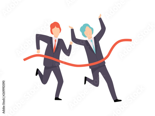 Businessmen Running To Finish Line, Business Competition, Rivalry Between Colleagues, Office Workers Challenging Vector Illustration